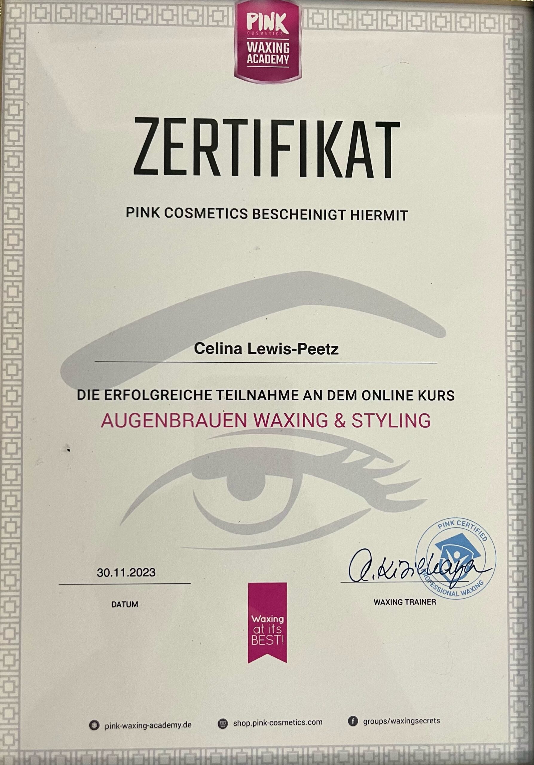 Zerifikat Augenbrauen Waxing & Styling - Lewis Lashes Cosmetic Lounge